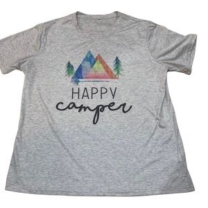 Happy Camper Light Gray Short Sleeve Crew Neck Cotton Blend Tee Shirt Sz XL